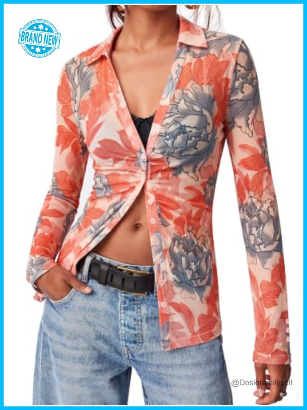 Sheer Mesh Button Down Blouse Boho Floral V Neck Long Sleeve